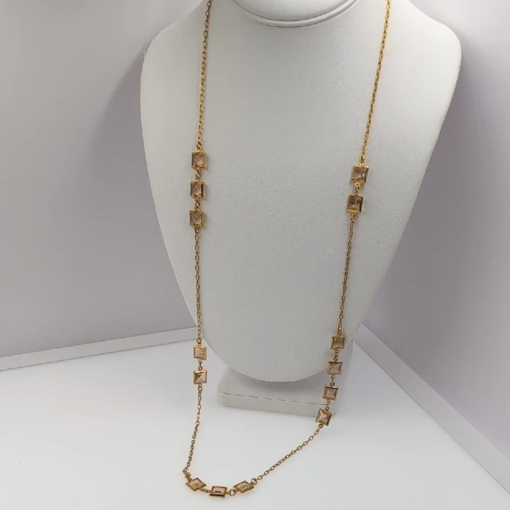 J. Crew Gold Tone & Peach/Champagne Square Crystal Station Necklace 33